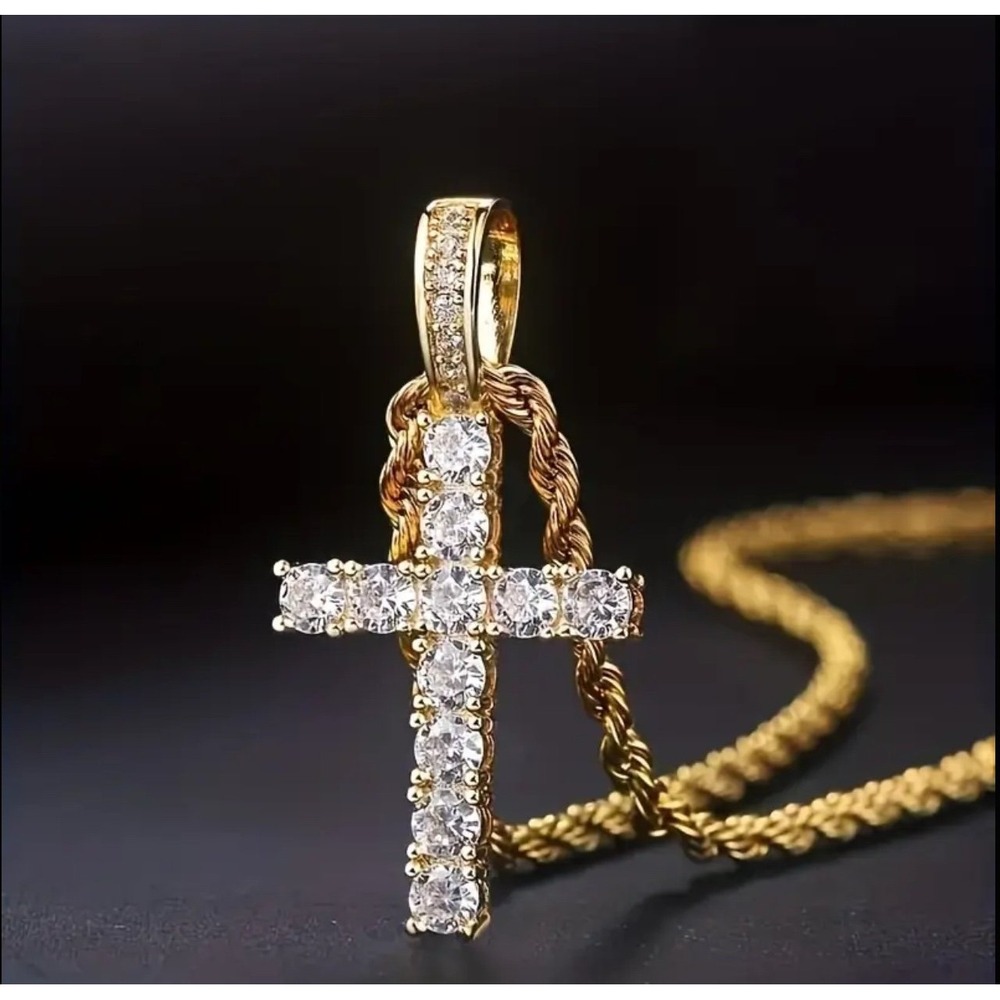Gold Rope Chain Necklace Cross Zirconia Pendant Iced Out Religious Jewelry